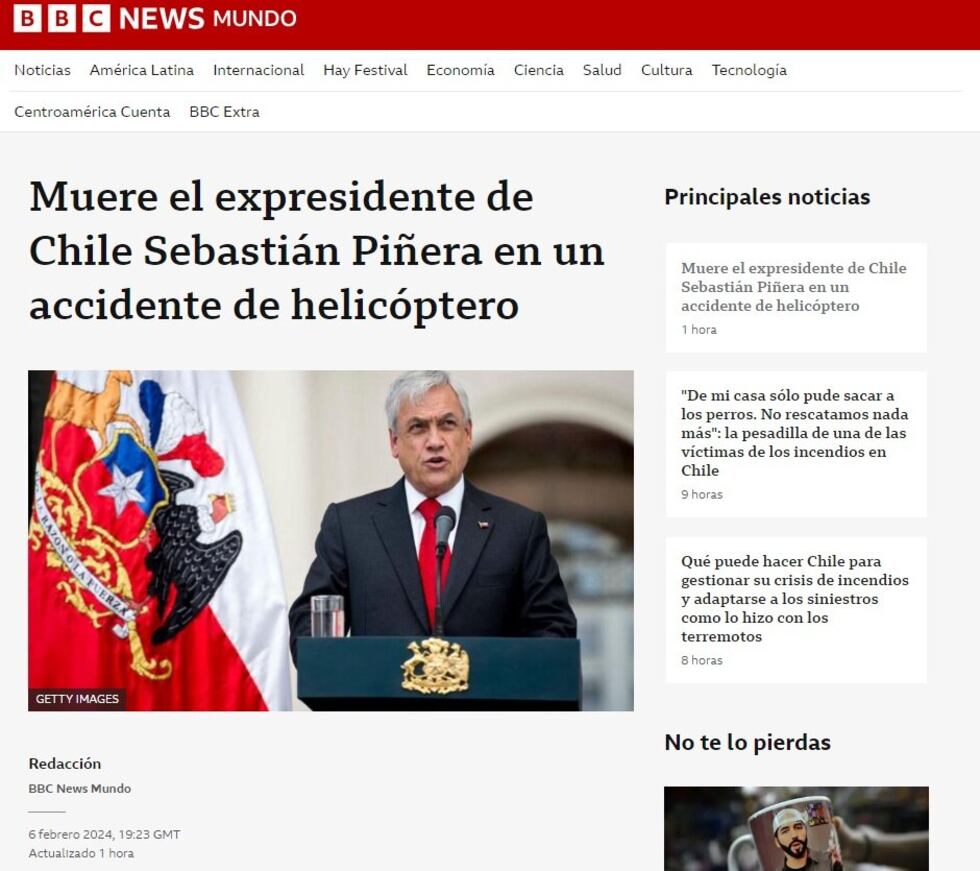 "El expresidente de Chile Sebastián Piñera murió este martes en un accidente de helicóptero. Con una fortuna cercana a los US$3.000 millones, el doctor en economía en Harvard enfrentó siempre críticas por su pasado empresarial y el rechazo a algunos de sus aliados políticos vinculados a la dictadura de Augusto Pinochet.", replicó la cadena BBC News de Londres en su web. (Foto: Captura de pantalla)