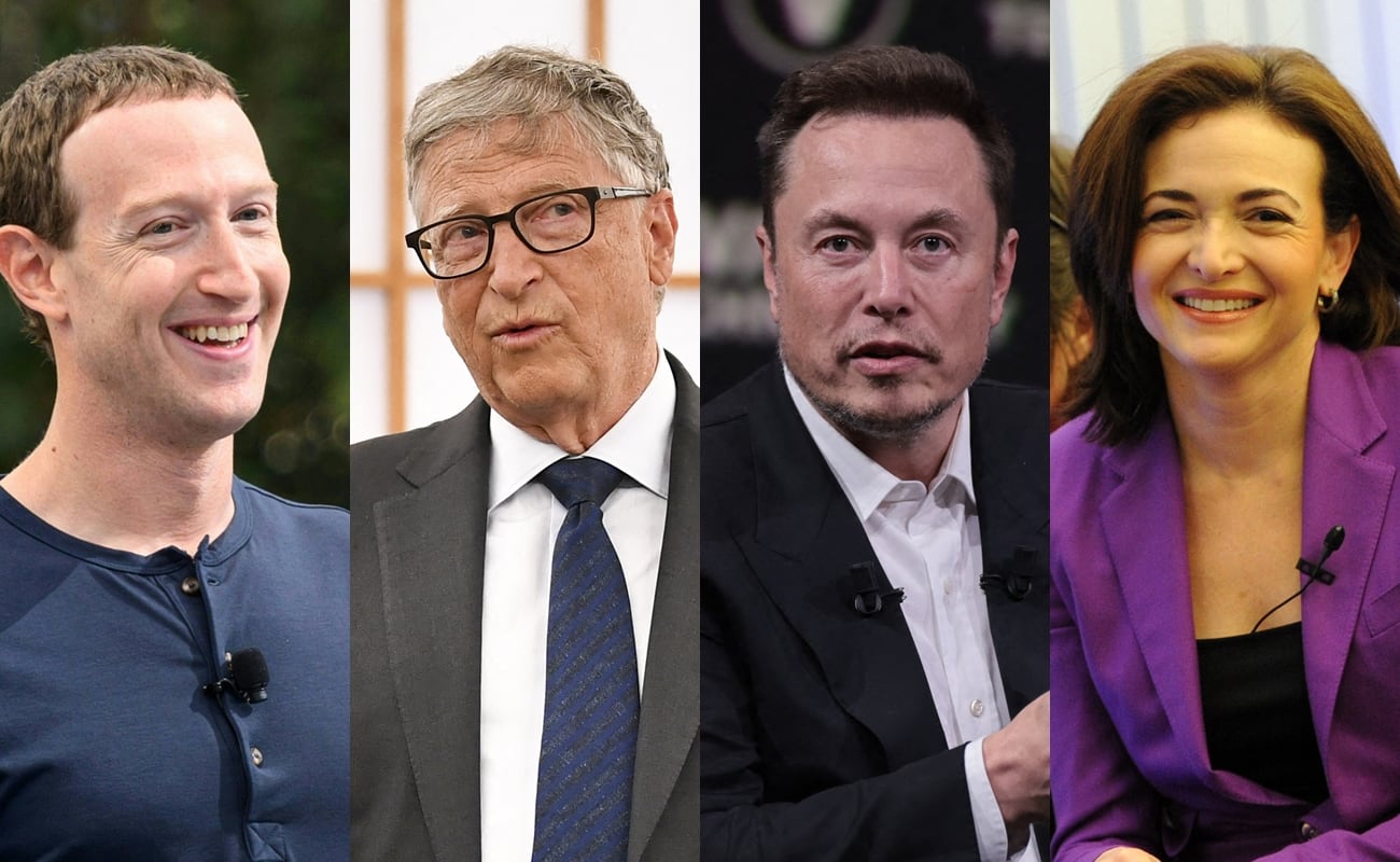 Mark Zuckerberg, Bill Gates, Elon Musk y Sheryl Sandberg forman parte del grupo de personas con más fortuna en el mundo de la tecnología. (Foto: AFP)