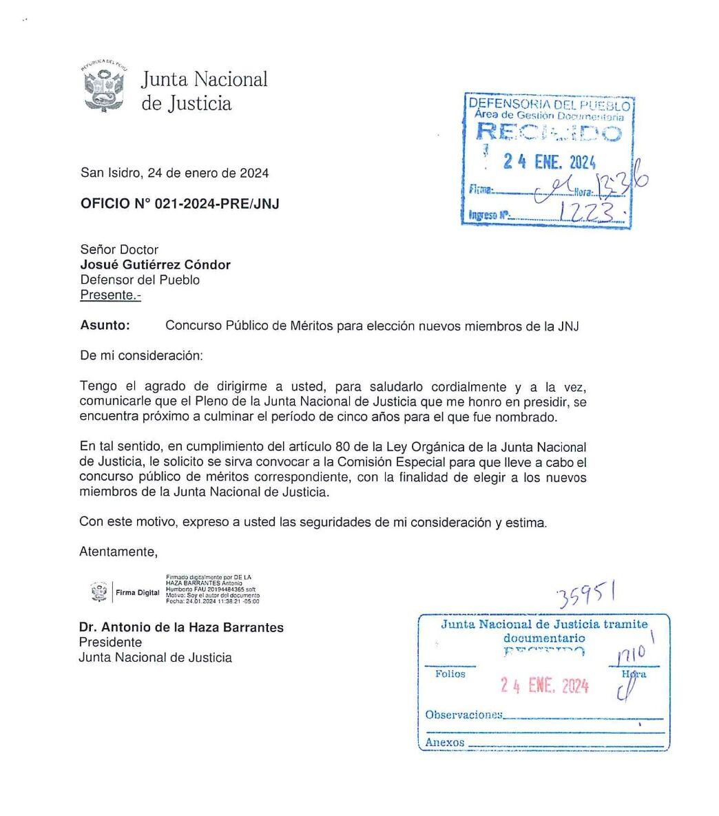 Oficio enviado por el presidente de la JNJ al defensor del Pueblo para que se convoque a la comisión que designará a los nuevos integrantes de la JNJ. El defensor de pueblo, por mandato constitucional, preside ese grupo.