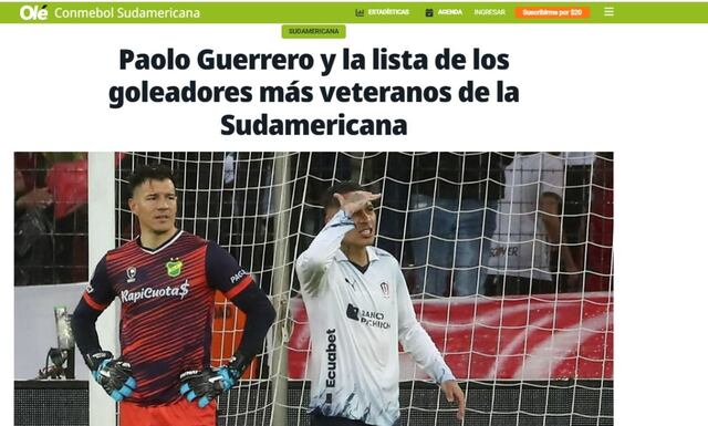 El diario Olé de Argentina también informó sobre el doblete de Paolo Guerrero. Como se recuerda, el ariete peruano jugó hasta hace unos meses en Racing Club de Avellaneda