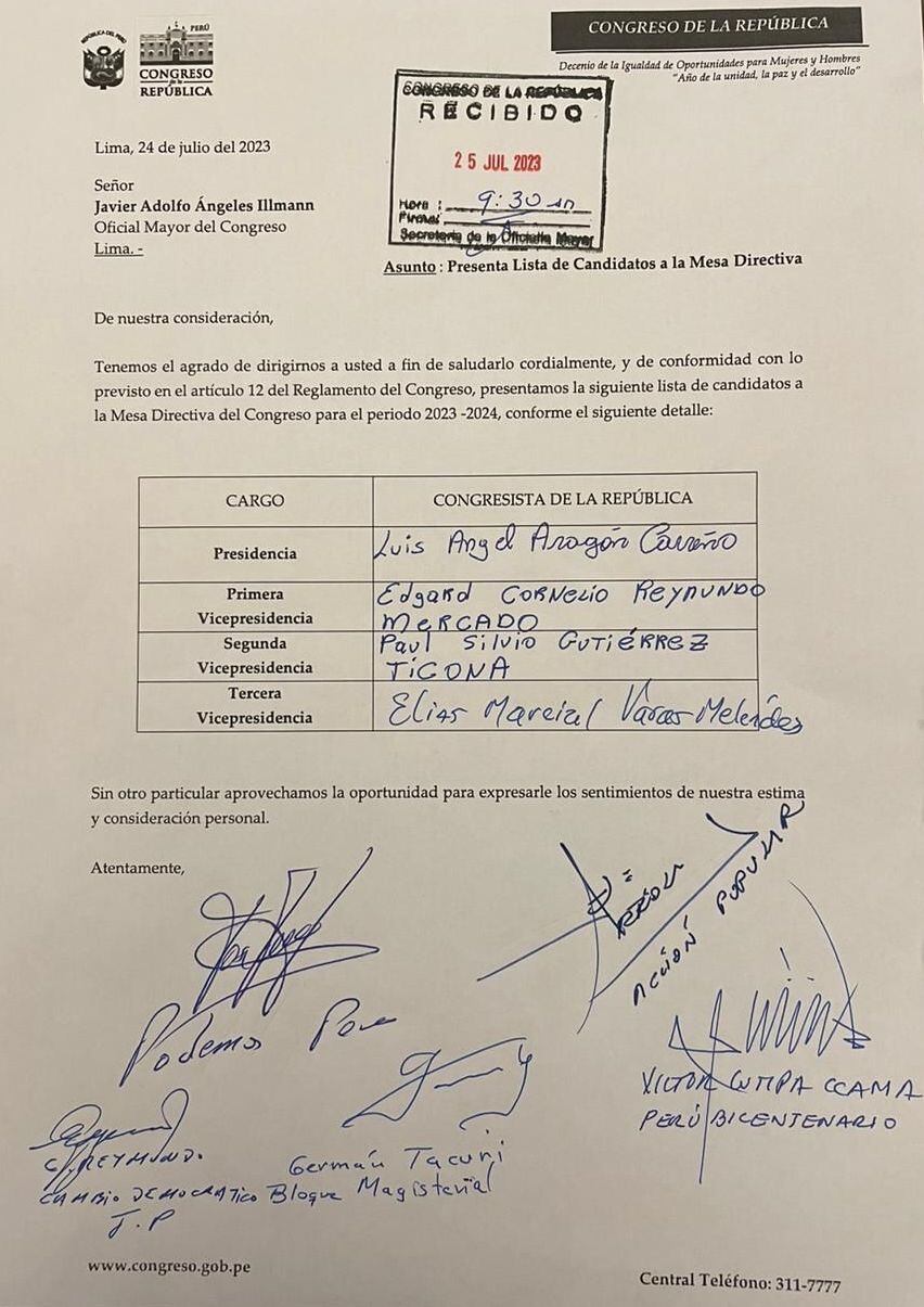 Luis Aragón encabeza lista a la Mesa Directiva.