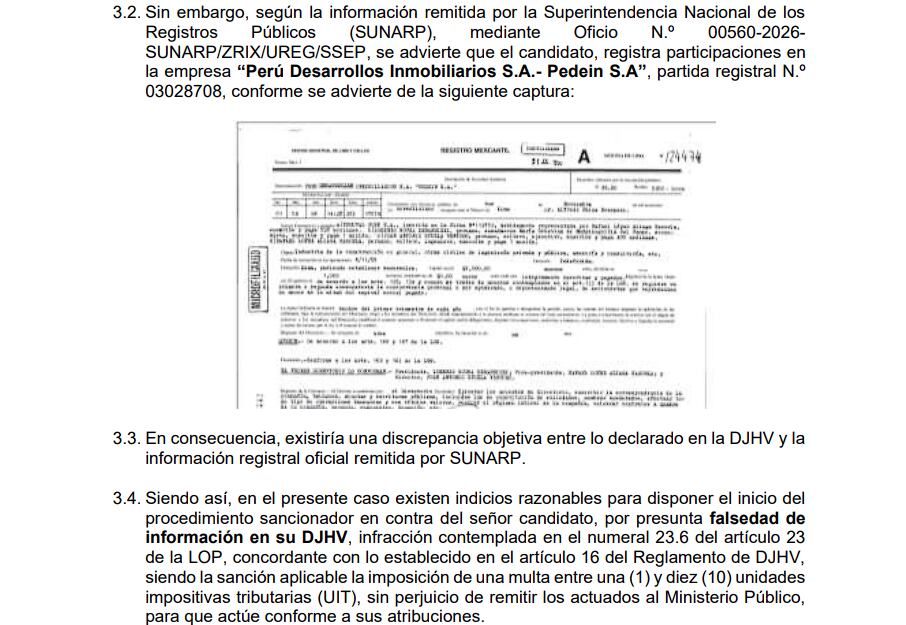Imagen extraída del documento del Jurado Electoral de Lima Centro 1 que decidió el inicio del procedimiento sancionador contra le candidato.