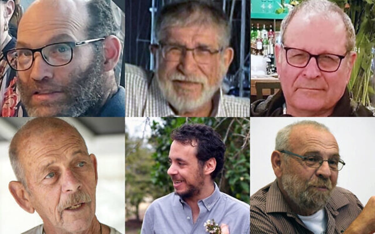 Los rehenes israelíes Nadav Popplewell, Yoram Metzger, Avraham Munder, Chaim Peri, Yagev Buchshtav, Alex Dancyg, secuestrados y llevados a Gaza por Hamás el 7 de octubre de 2023. (Fotos del Foro de Familias de Rehenes)