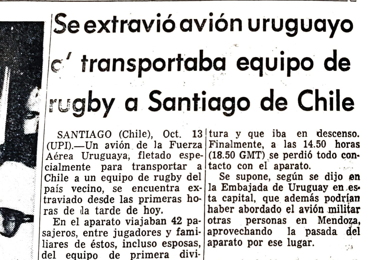Recorte de El Comercio del 14 de octubre de 1972, dando cuenta de la desaparición del Vuelo 571. (Fuente: Archivo Histórico El Comercio).