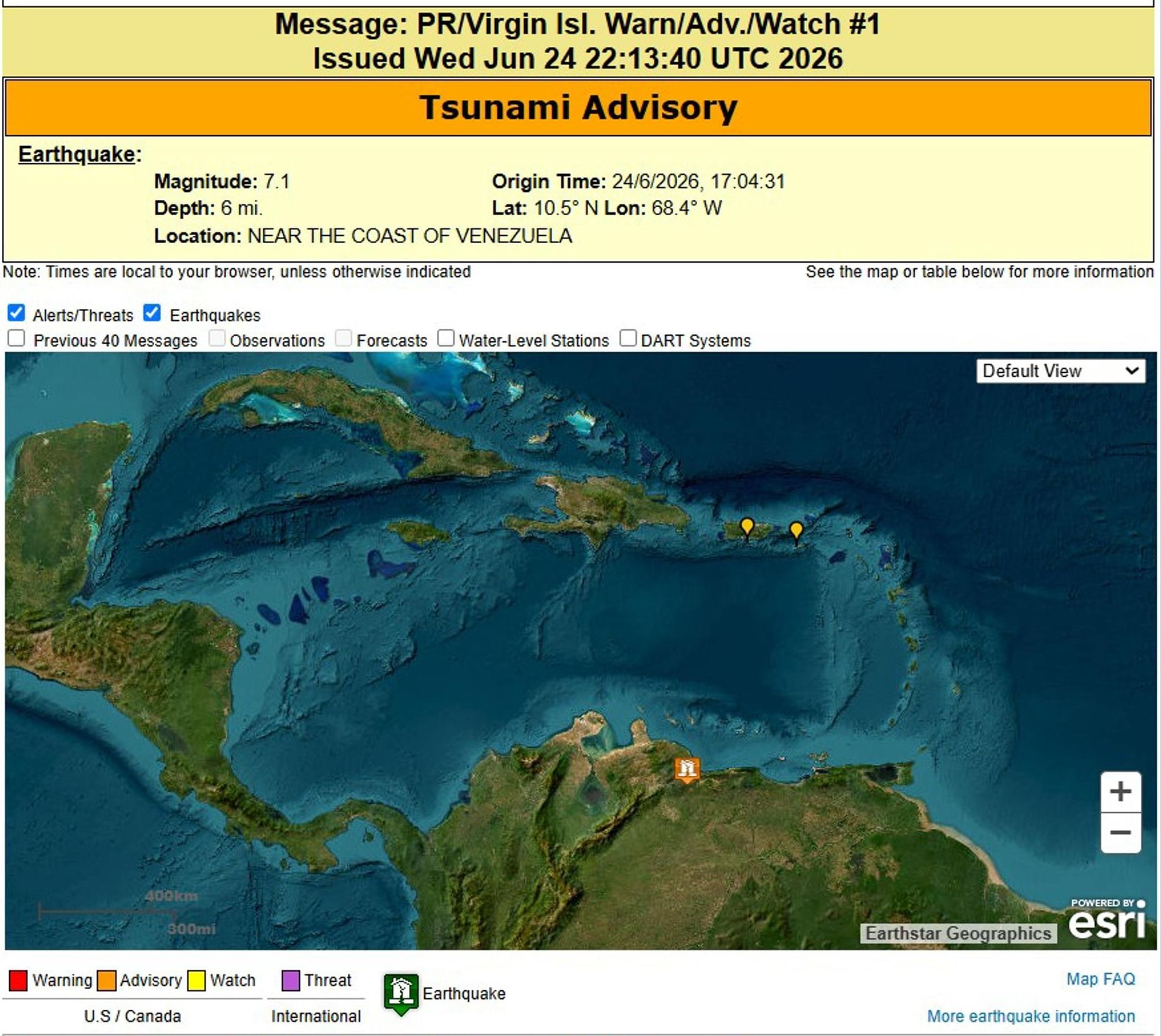 Imagen difundida en la cuenta en Administración Nacional Oceánica y Atmosférica (NOAA, en inglés) de una alerta de tsunami para Puerto Rico y las Islas Vírgenes estadounidenses tras un terremoto de magnitud 7,1 registrado cerca de las costas de Venezuela | Imagen EFE
