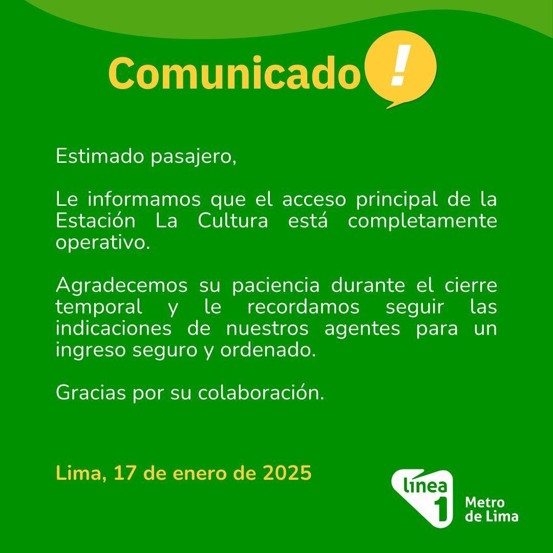 Comunicado sobre balacera en estación La Cultura. Foto: Línea 1 del Metro de Lima