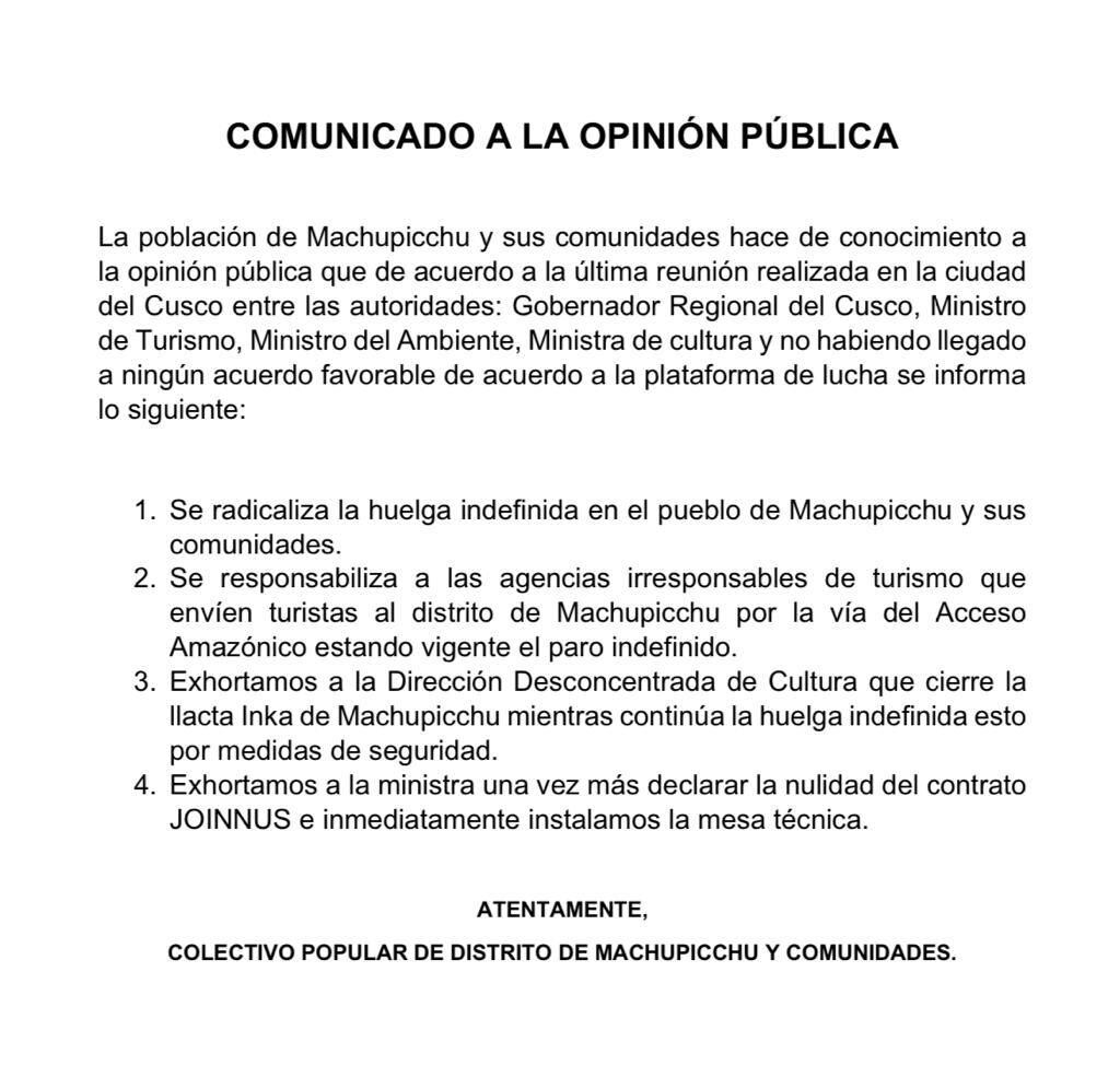 Habitantes de Machu Picchu Pueblo radicalizarán huelga indefinida en Cusco y piden cierre de la llacta.