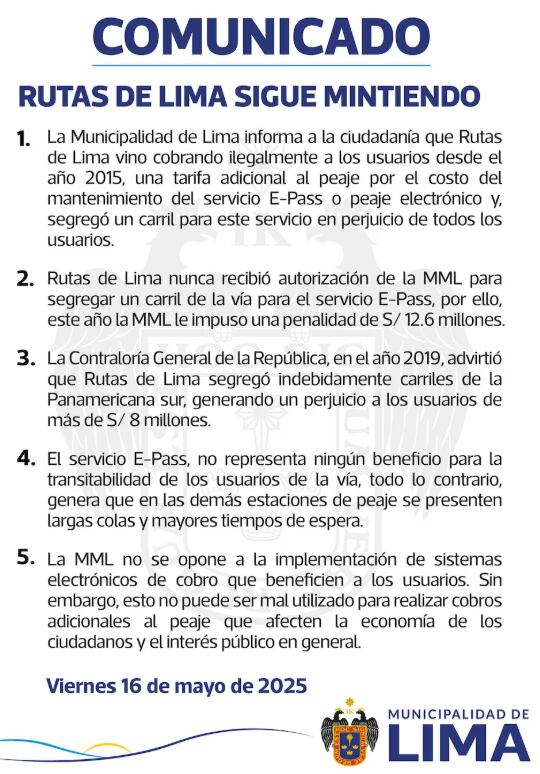 Comunicado de la Municipalidad de Lima del 16 de mayo.