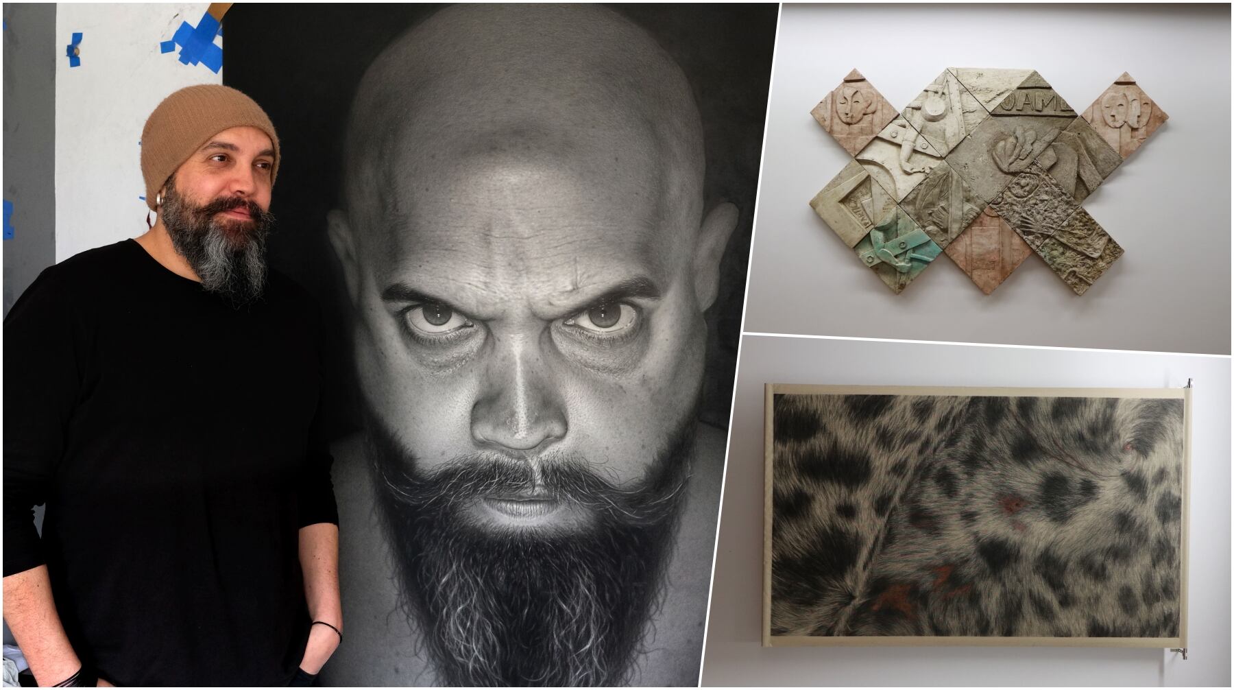 La muestra "NOW WHAT?!" (Drawing edition) busca resaltar los límites del dibujo con otras disciplinas. Izquierda: FIDEL ARTISTA, curador de la exhibición y uno de los participantes. También las obras de Iosu Aramburu (derecha arriba) y Claudia Coca.