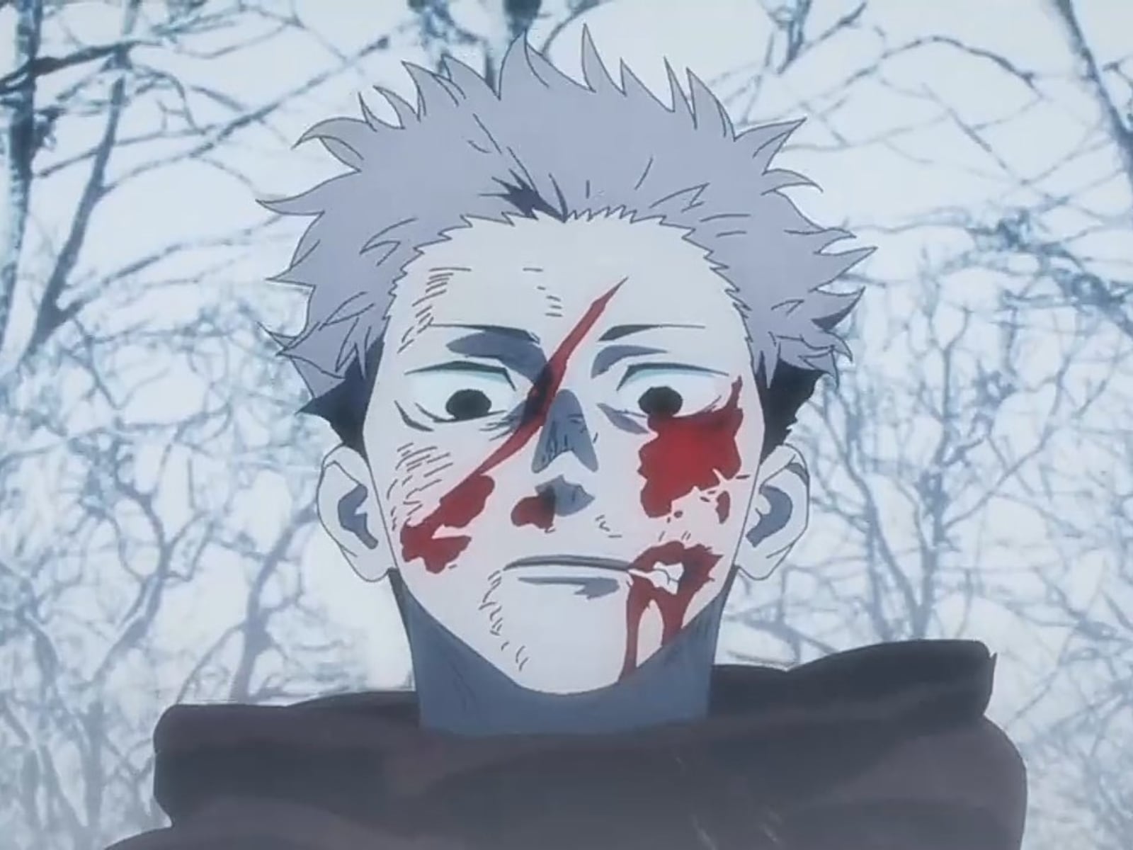 Itadori a punto de darle el golpe final a Mahito en el anime de “Jujutsu Kaisen". La escena simula a un escenario de nieve, como si fuera el clímax de la caza de un zorro a un conejo (Foto: MAPPA)