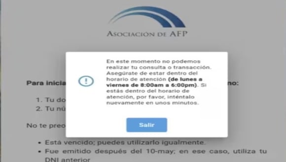 Retiro AFP: qué debes hacer si te sale el mensaje “En este momento no podemos realizar tu consulta”. (Foto: captura de pantalla AFP)