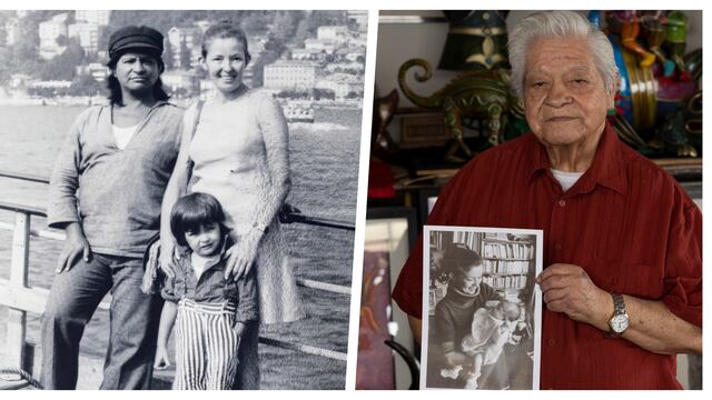 Izq.: Alberto Quintanilla junto a su esposa Hélène Chatenet y su pequeño hijo Alberto en el Lago Mayor, en Italia, a inicios de los años 70. Der.: el artista con una foto de su esposa recientemente fallecida. (Fotos: archivo personal/Richard Hirano)