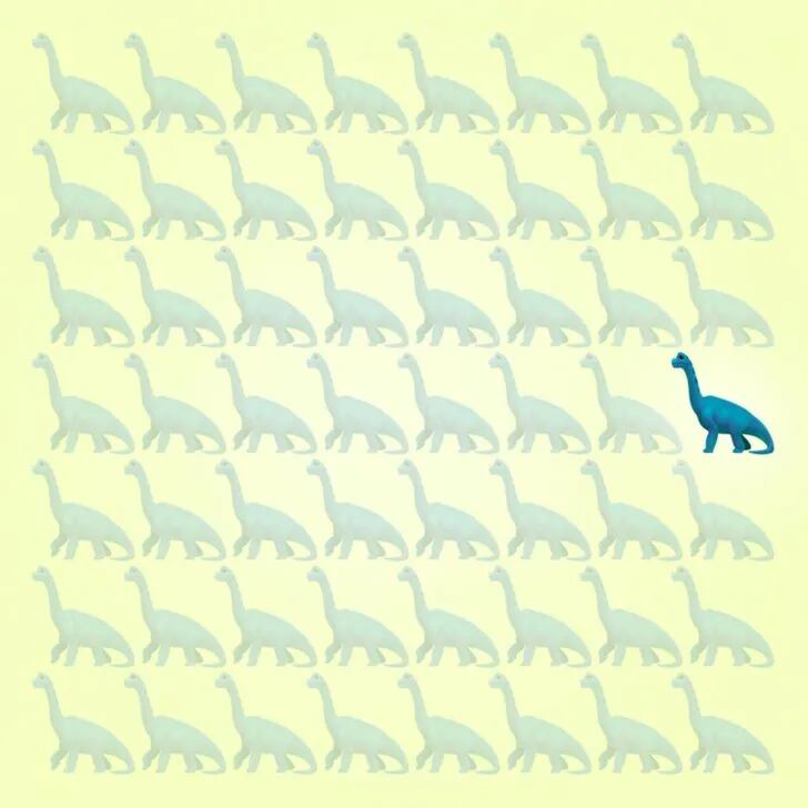 El dinosaurio resaltado es diferente porque le falta la pata de adelante. ¿Lograste distinguirlo?