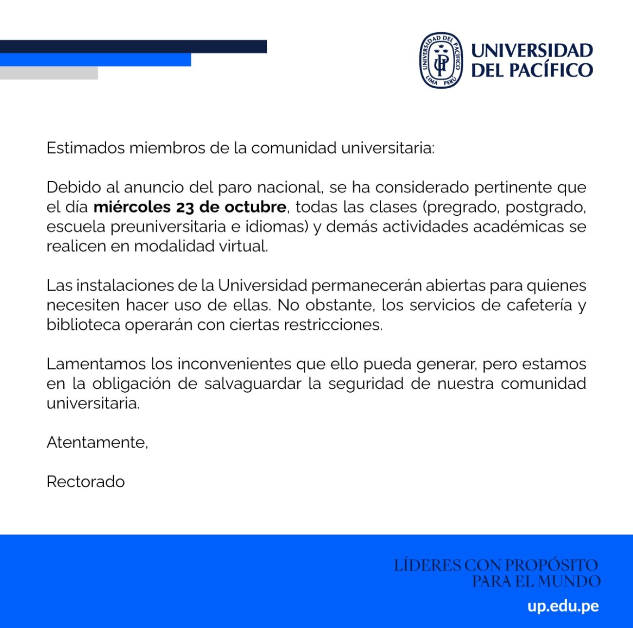 Principales universidades del país acataron llevar sus clases de manera virtual por el paro nacional este miércoles 23 de octubre. Foto: Universidad del Pacífico