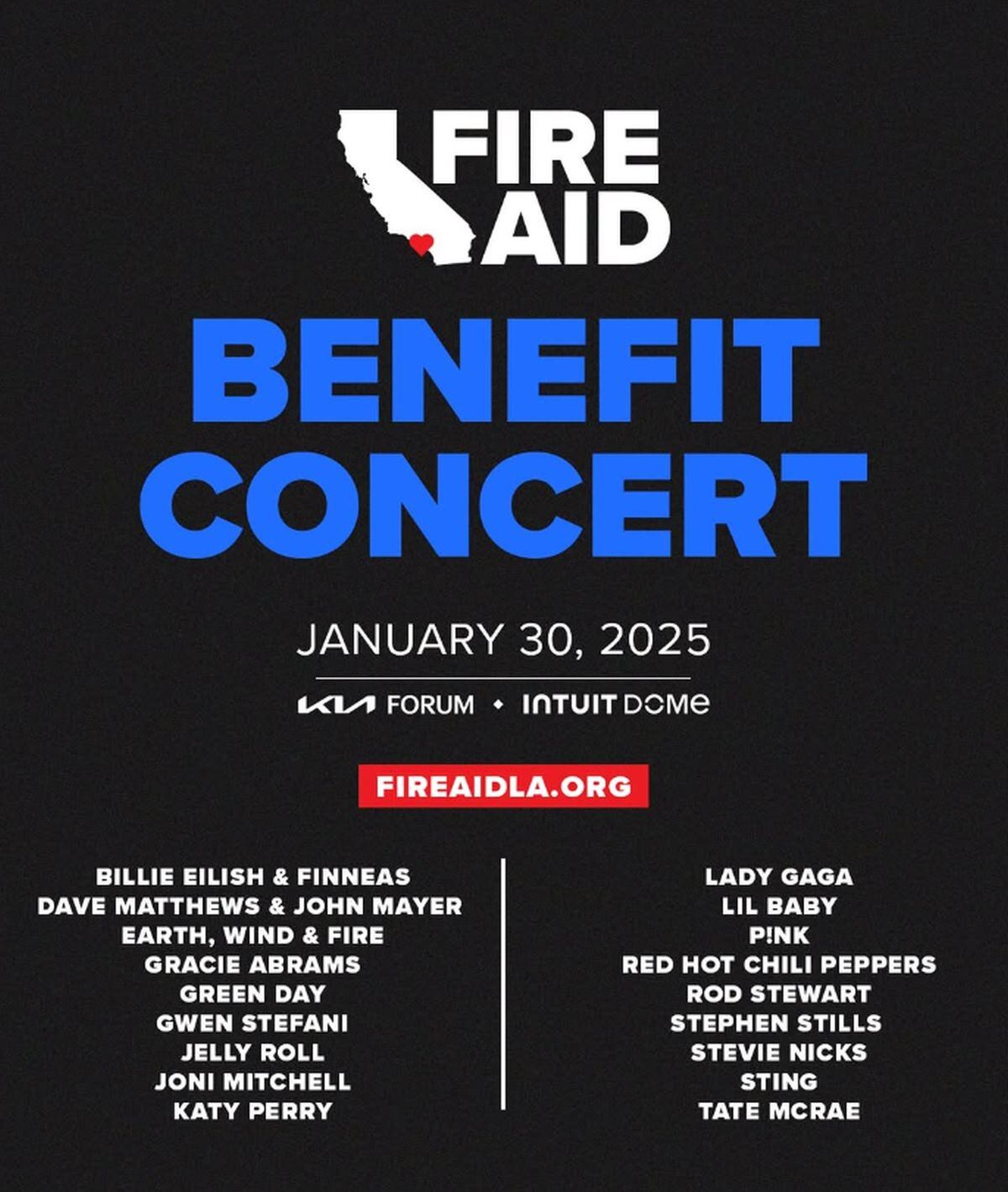 El afiche del concierto benéfico FireAid a favor de los afectados por los incendios en Los Ángeles. (Foto: Instagram FireAid LA)