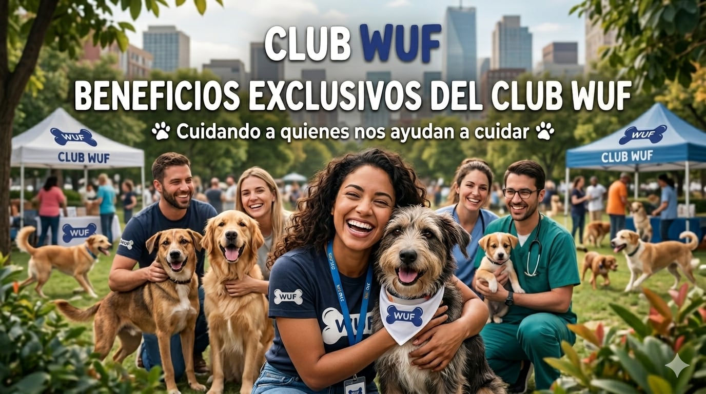 Únete al Club WUF y sé parte de la comunidad que transforma vidas: disfruta de descuentos y beneficios especiales en salud, nutrición y bienestar para tu mascota, mientras apoyas nuestra misión de cuidar a los animales más necesitados. (Imagen generada por ia)
