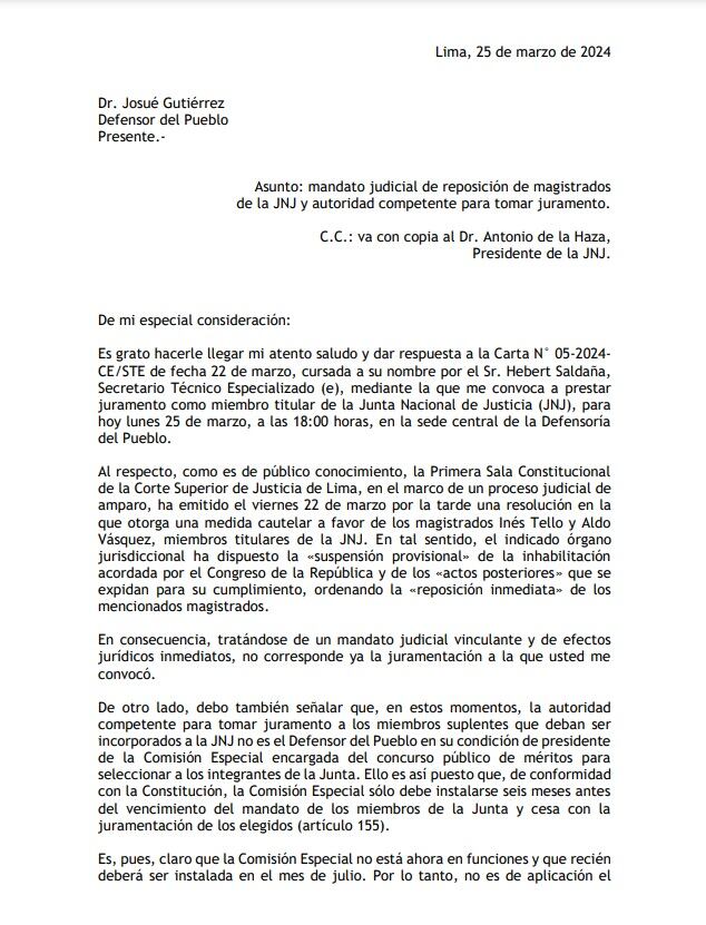 Carta enviada por Abraham Siles al defensor del Pueblo, Josué Gutiérrez. (Foto: Difusión)