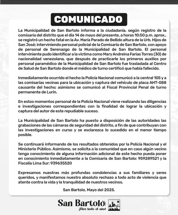 Este es el comunicado de la Municipalidad de San Bartolo.