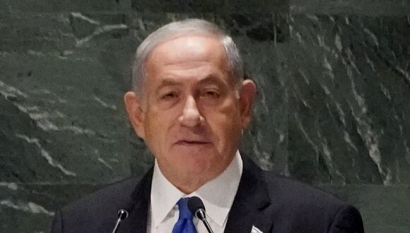 El primer ministro israelí, Benjamin Netanyahu, se dirige a la 78.ª Asamblea General de las Naciones Unidas, en la sede de la ONU, en la ciudad de Nueva York, el 22 de septiembre de 2023. (Foto de Bryan R. Smith / AFP)