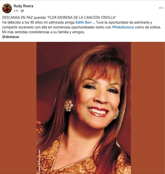 La partida de Edith Barr, a los 90 años, generó sentidas reacciones entre colegas y figuras de la música peruana, quienes recordaron su legado, amistad y aporte a la cultura nacional. (Foto: Facebook / Rudy Rivera)