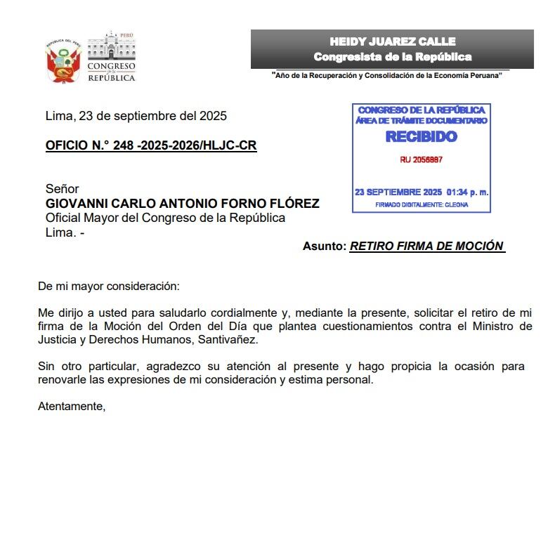 Documento enviado por la congresista Heidy Juárez donde solicitaba el retiro de su firma de la moción de censura. (Foto: Congreso)