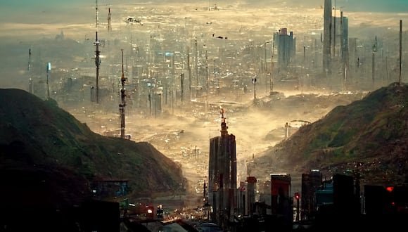 Imagen generada por la inteligencia artificial Midjourney con estilo Cyberpunk sobre cómo sería la ciudad de Lima en 2050.