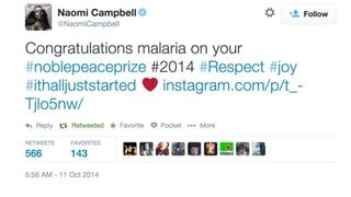 Fail: Naomi Campbell felicitó a 'malaria' como Nobel de la Paz