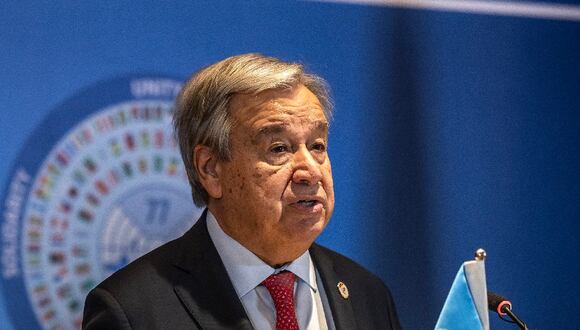 El secretario general de las Naciones Unidas, Antonio Guterres, dirige una conferencia de prensa en Kampala el 21 de enero de 2024. (Foto de LUIS TATO / AFP)