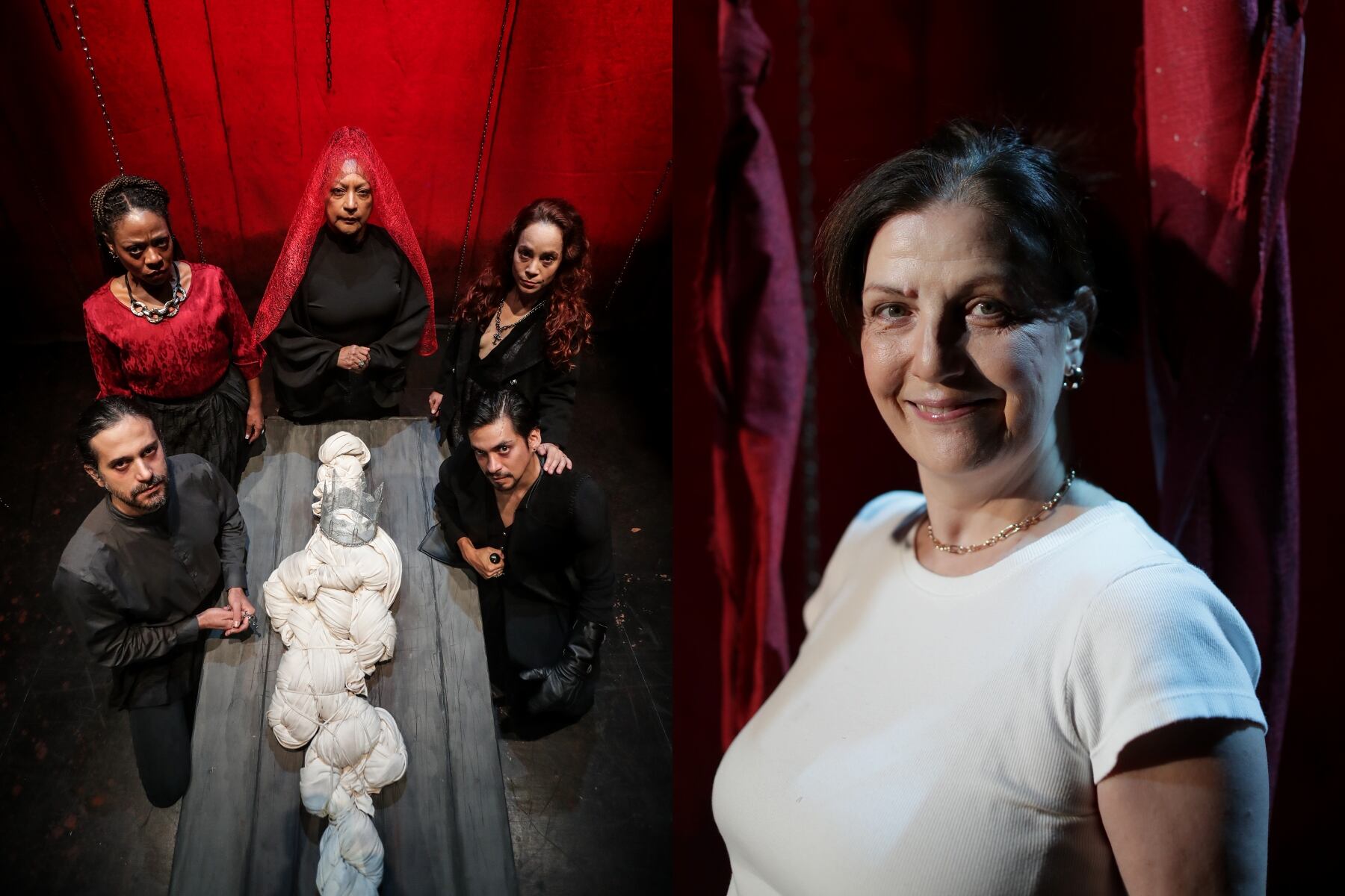 A la izquierda, el elenco completo de Ricardo III. A la derecha, la dramaturga Laura Silva.