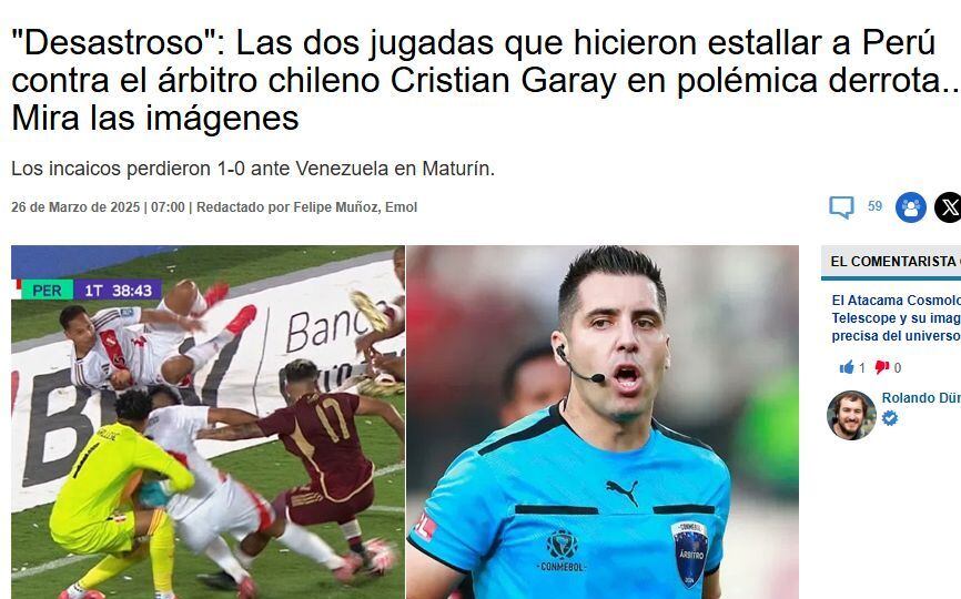 El juez chileno tuvo una serie de decisiones, por decir lo menos, polémicas y cuestionables como el penal sancionado a favor de la vinotinto o el gol anulado a Bryan Reyna.