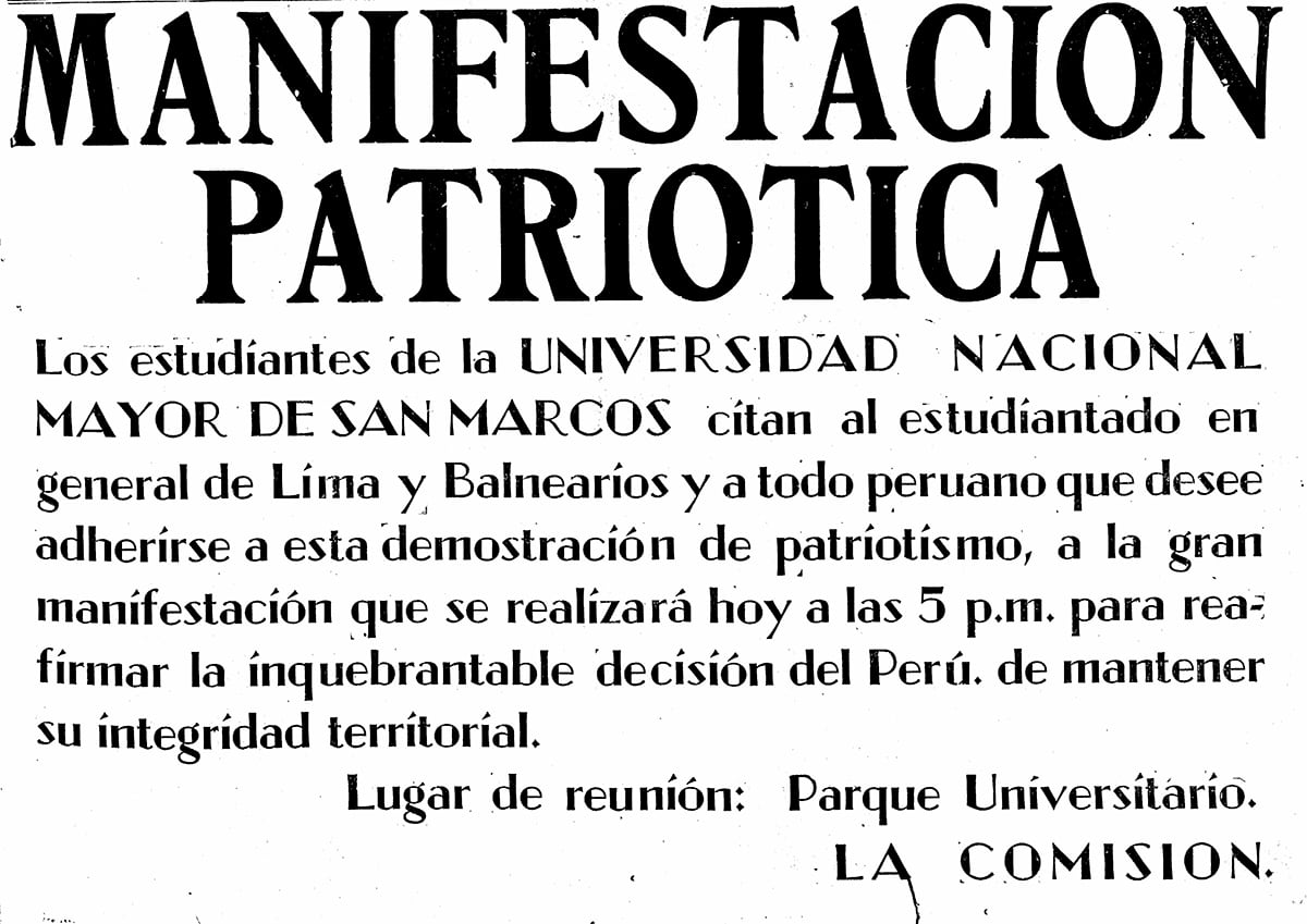 A dos días de la muerte de Quiñones, el 25 de julio, los jóvenes sanmarquinos convocaban a una marcha en apoyo a la defensa de la integridad nacional. (Foto: Archivo Histórico de El Comercio)
