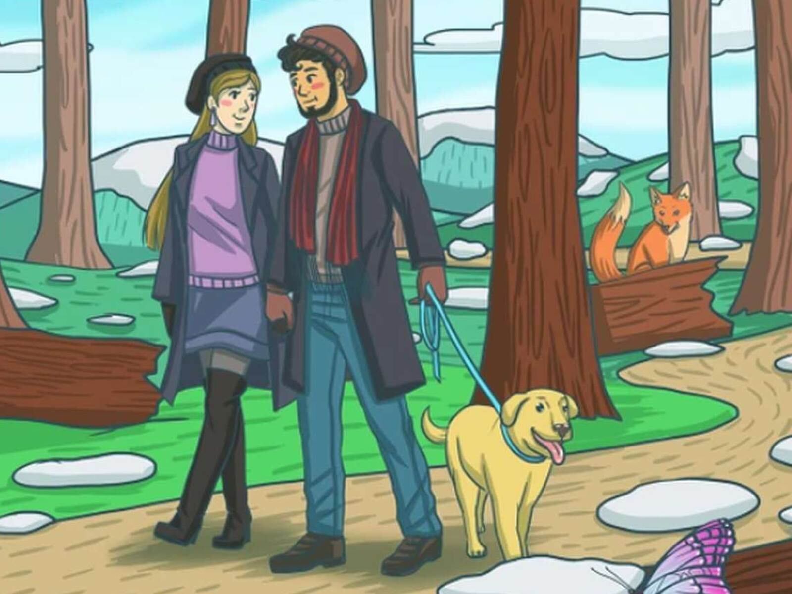 RETO VISUAL | En esta imagen se puede apreciar a una pareja paseando a un perro en un bosque. (Foto: genial.guru)