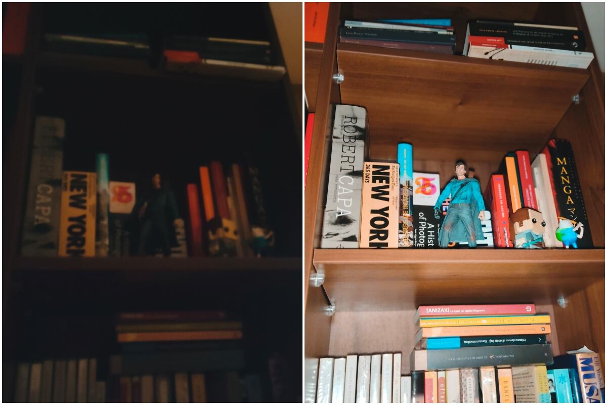 Foto de un estante con y sin Aura Light.