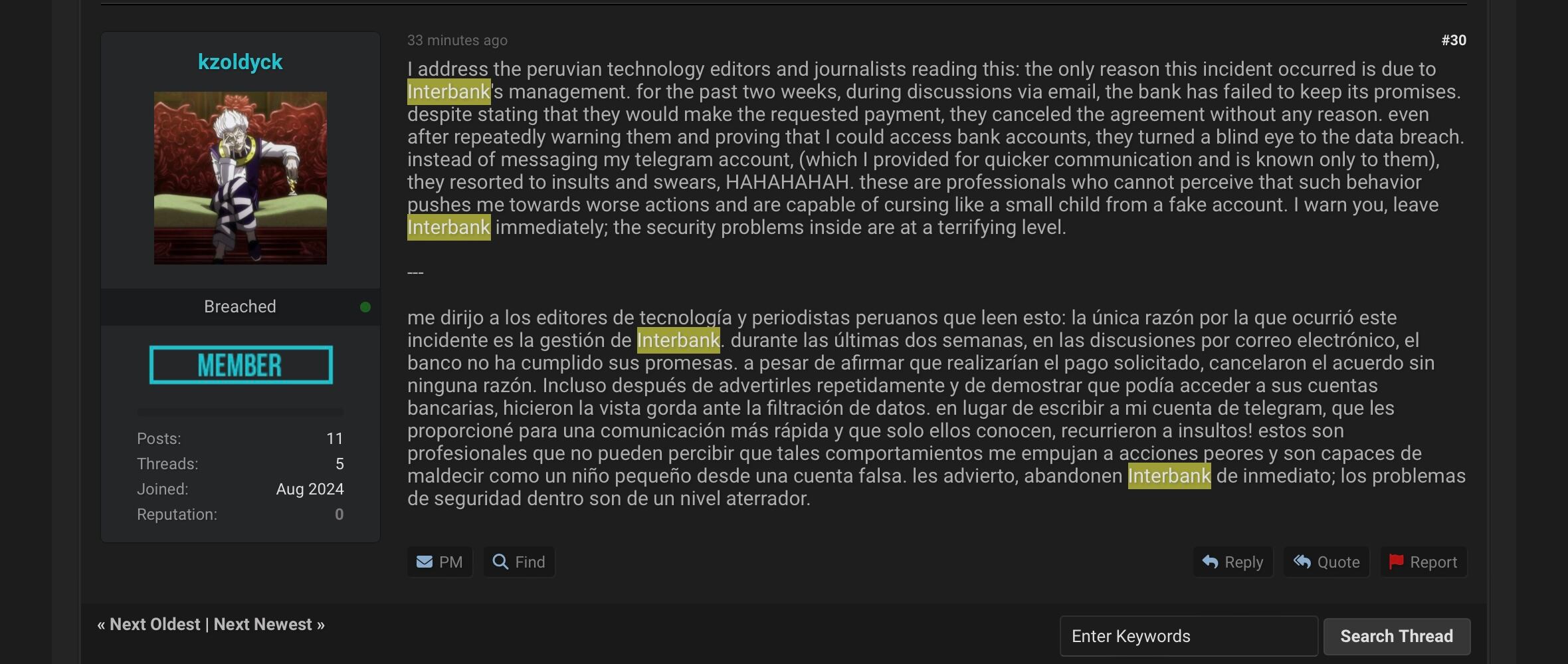 kzoldyck asegura haber intercambiado correos con Interbank para llegar a un acuerdo económico a cambio de no exponer la información.