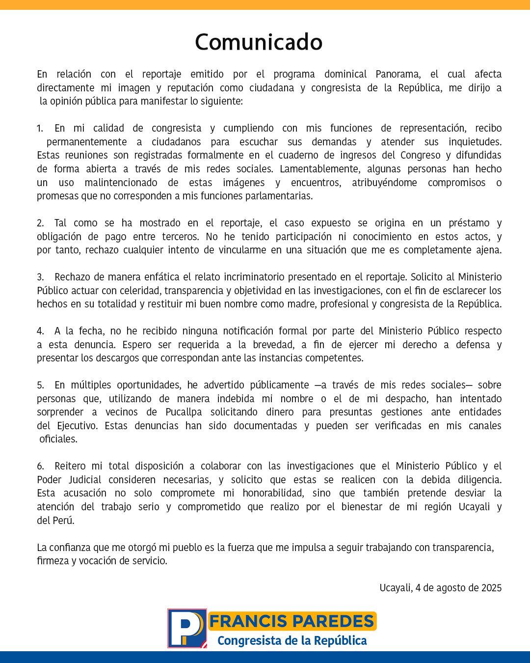 Comunicado de la congresista Francis Paredes.