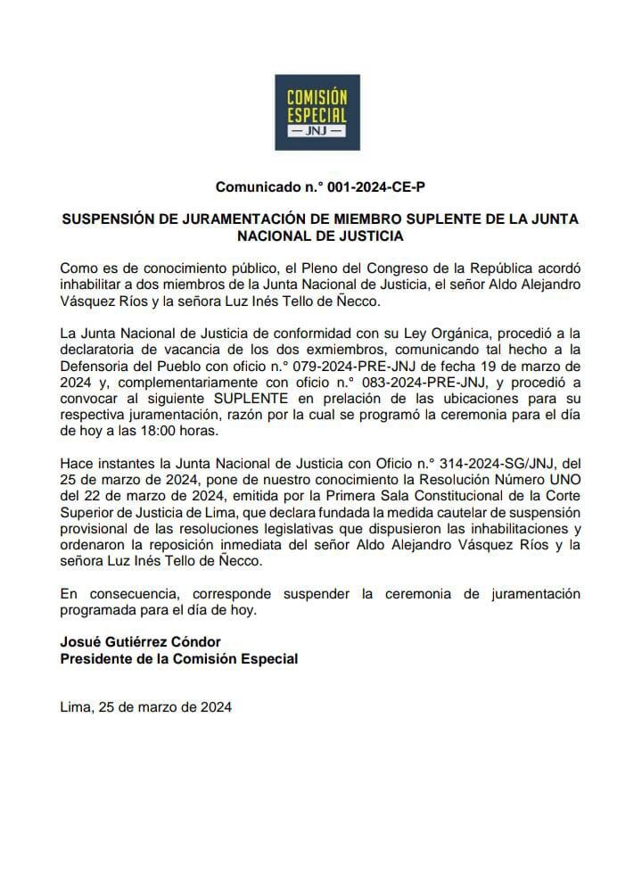 Comunicado del defensor del Pueblo, Josué Gutiérrez. (Foto: Difusión)