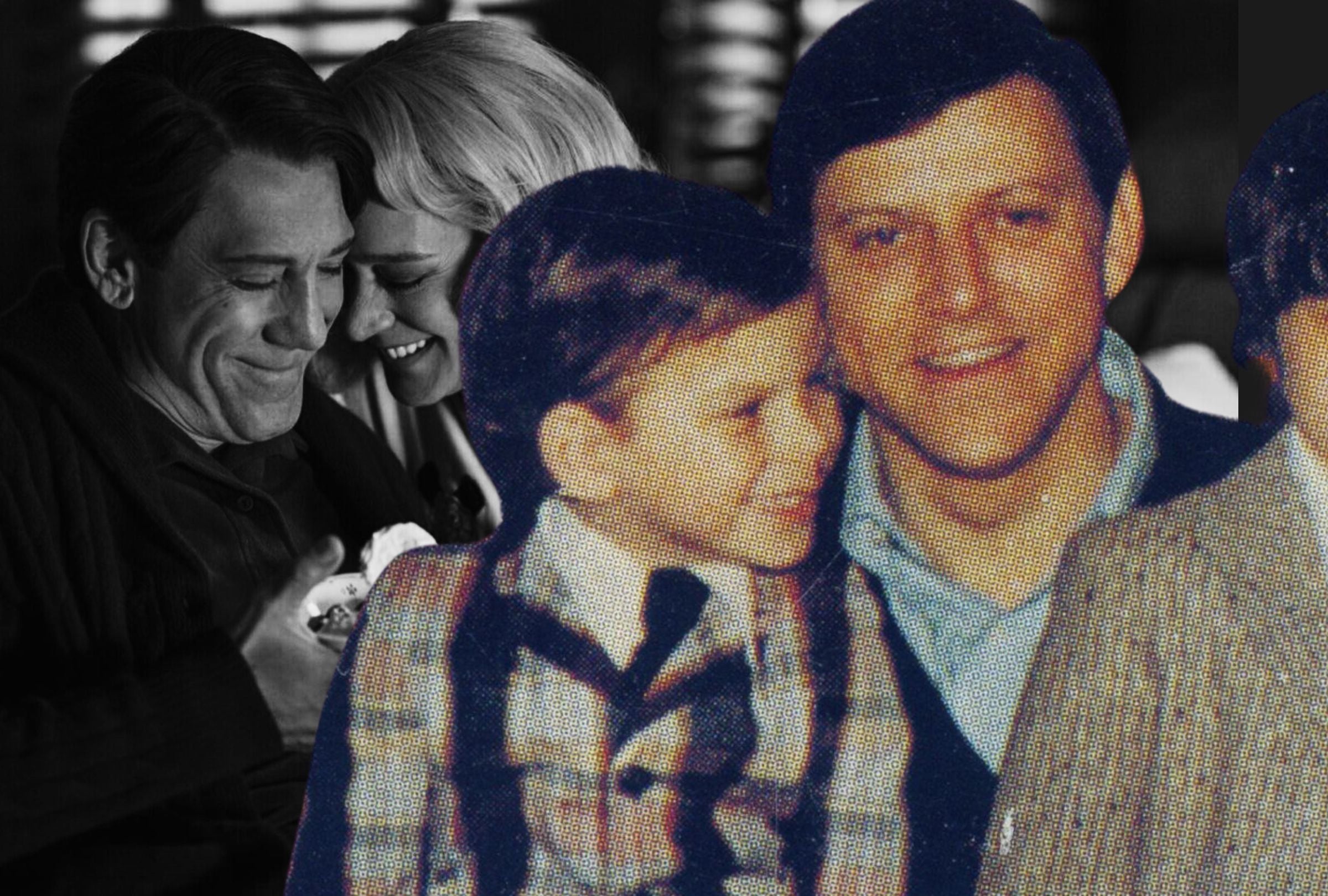 A color: José Menéndez al lado de uno de sus hijos. En blanco y negro: Javier Bardem, el actor que lo interpreta en la serie "Monsters: The Lyle and Erik Menendez Story" (Fotos: ABC / Netflix)