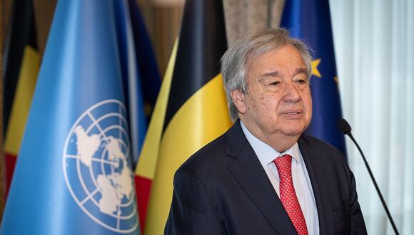 El secretario general de la ONU, Antonio Guterres, pronuncia un discurso durante una recepción en la oficina del primer ministro belga, en Bruselas, el 13 de julio de 2023. (Foto de JAMES ARTHUR GEKIERE / Belga / AFP)