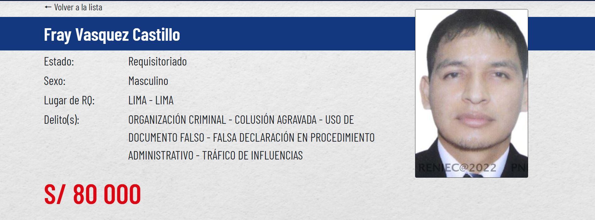 La Policía ofrece 80 mil soles por información para dar con la captura de Fray Vásquez Castillo.