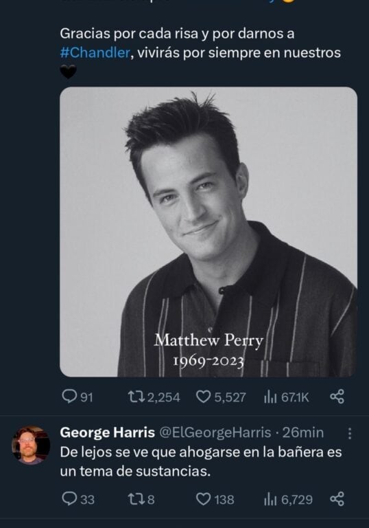 Tuit de George Harris sobre Matthew Perry.
