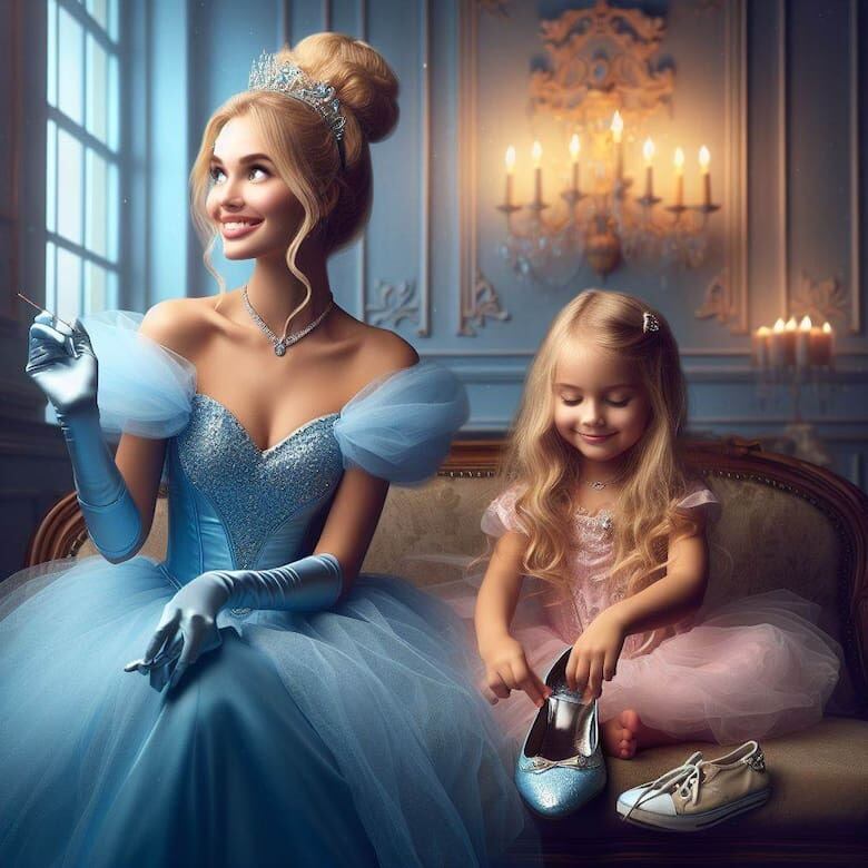 En la segunda foto, la IA creó la imagen de Cenicienta con una nena pequeña