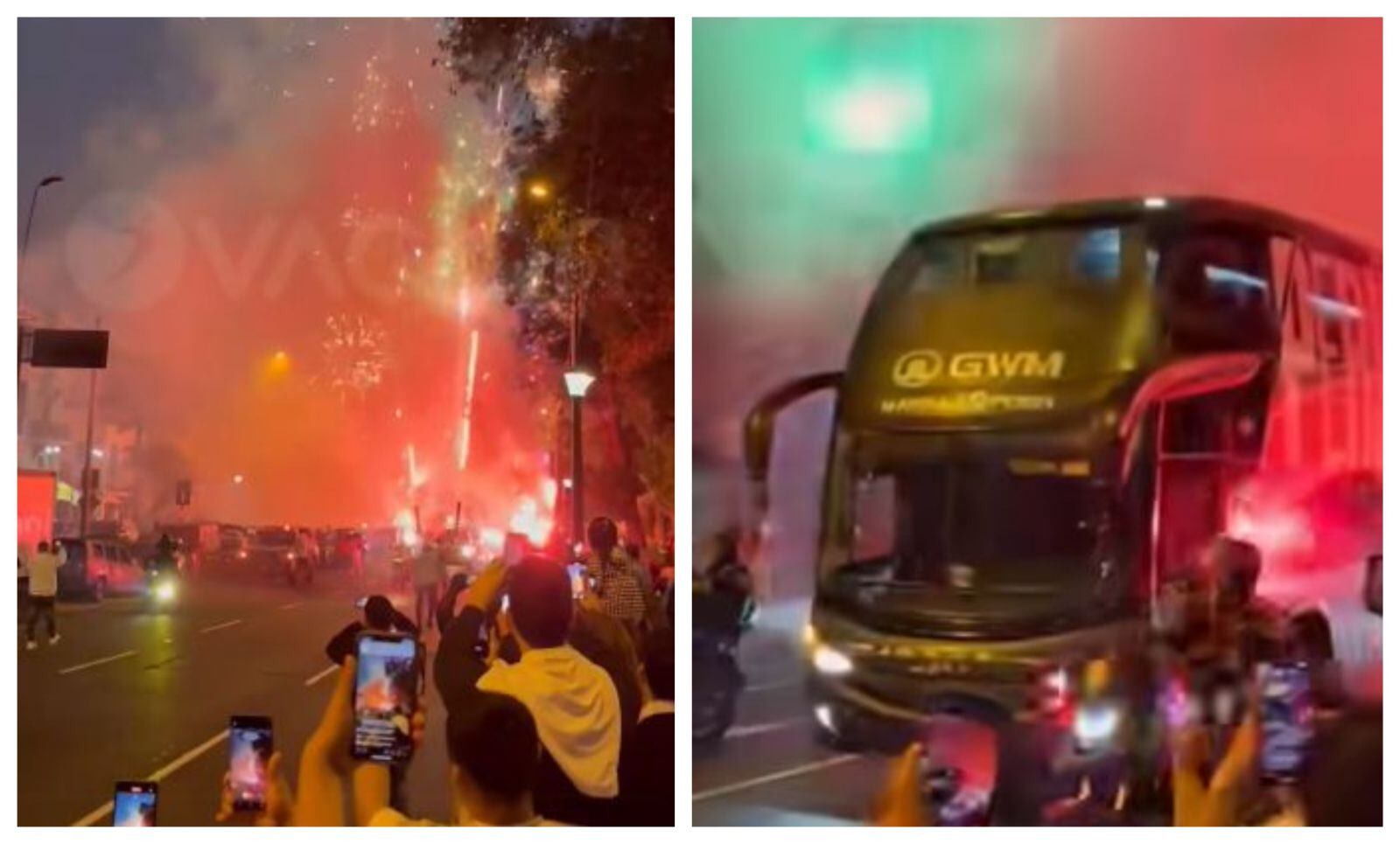 Decenas de fuegos artificiales le dieron un ambiente épico a la escena con una importante cantidad de hinchas provistos de bengalas.