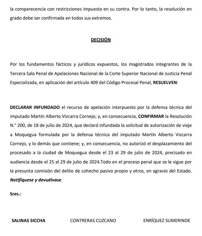 Rechazo de la sala de apelaciones al pedido de Martín Vizcarra para viajar a Moquegua