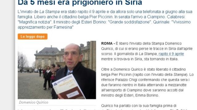 Siria: liberan a Domenico Quirico, periodista italiano secuestrado cinco meses