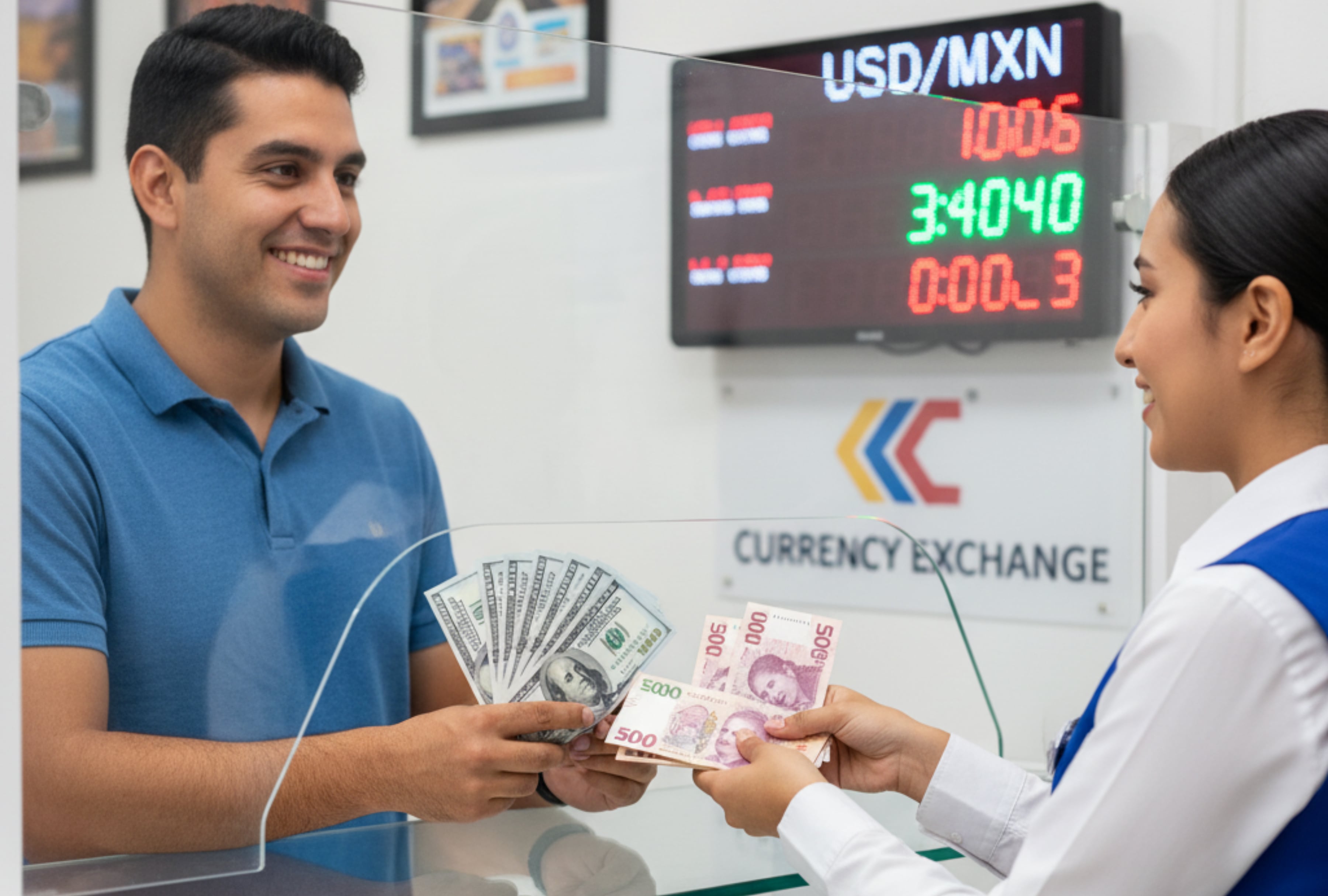 Tablero cambiario mostrando el precio del dólar en México hoy, 03 de diciembre de 2025, con la cotización actualizada del USD frente al peso mexicano en bancos y casas de cambio. | Crédito: Imagen referencial generada con Gemini AI