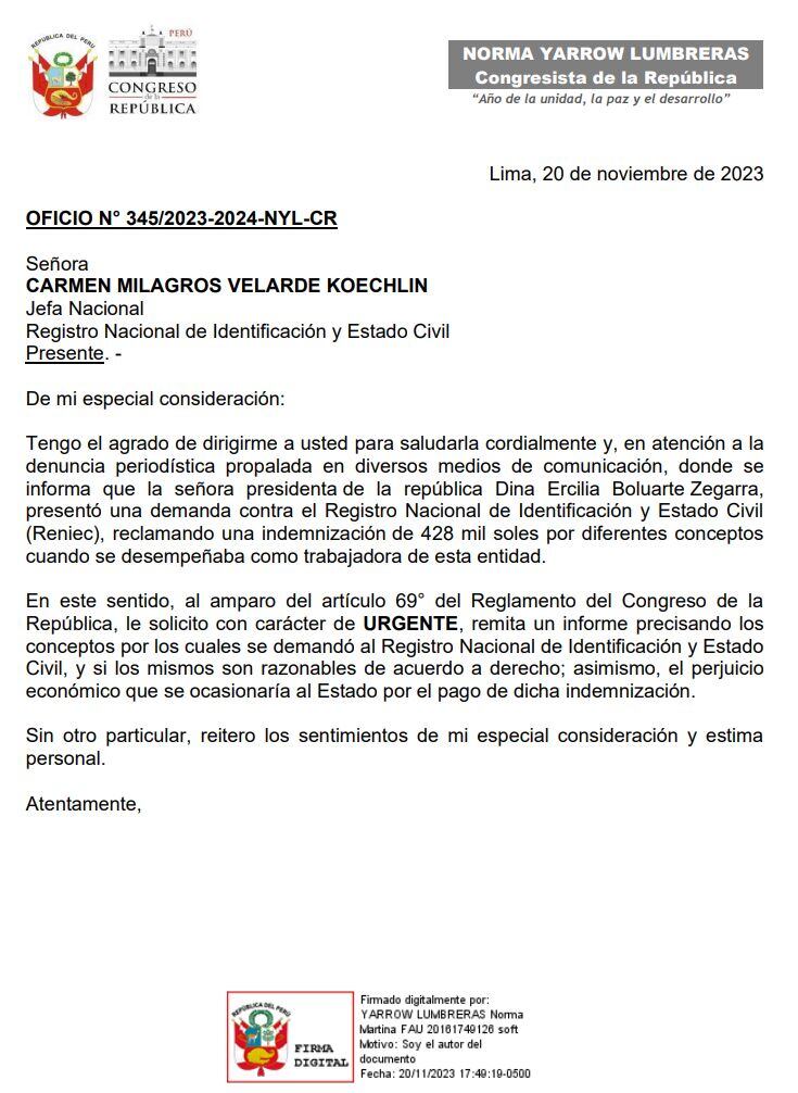 Norma Yarrow pide información a Reniec por demanda de pago de Dina Boluarte.