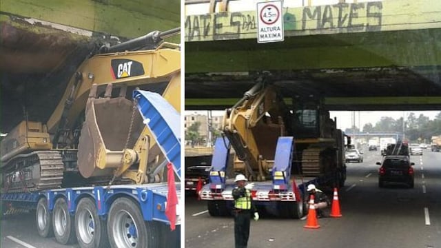 Camión que transportaba excavadora quedó atascado en el Puente Atocongo