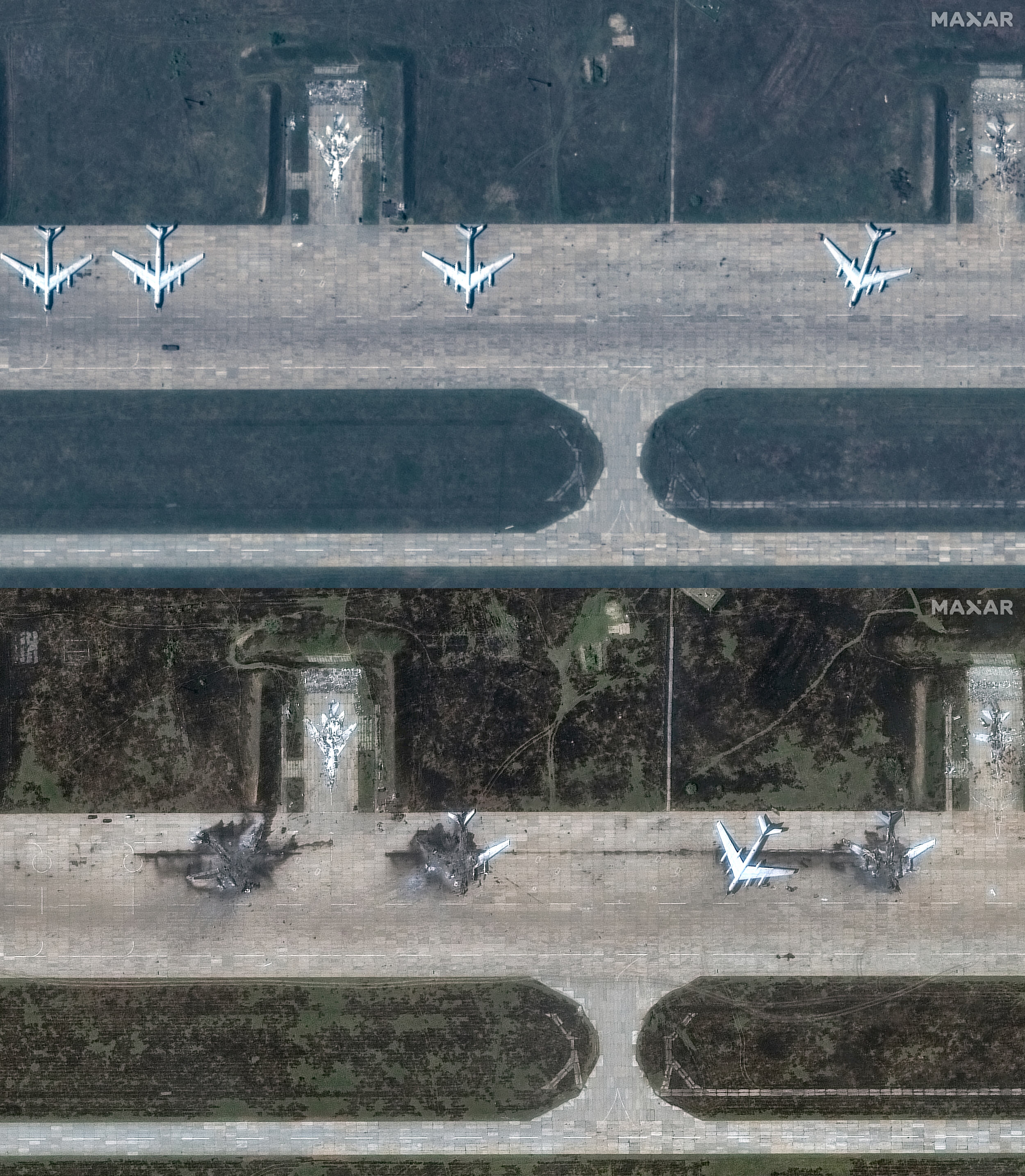 Aviones Tupolev Tu-95 antes y después del ataque con drones a la base aérea de Olenya, en la región de Múrmansk, Rusia. (AFP).