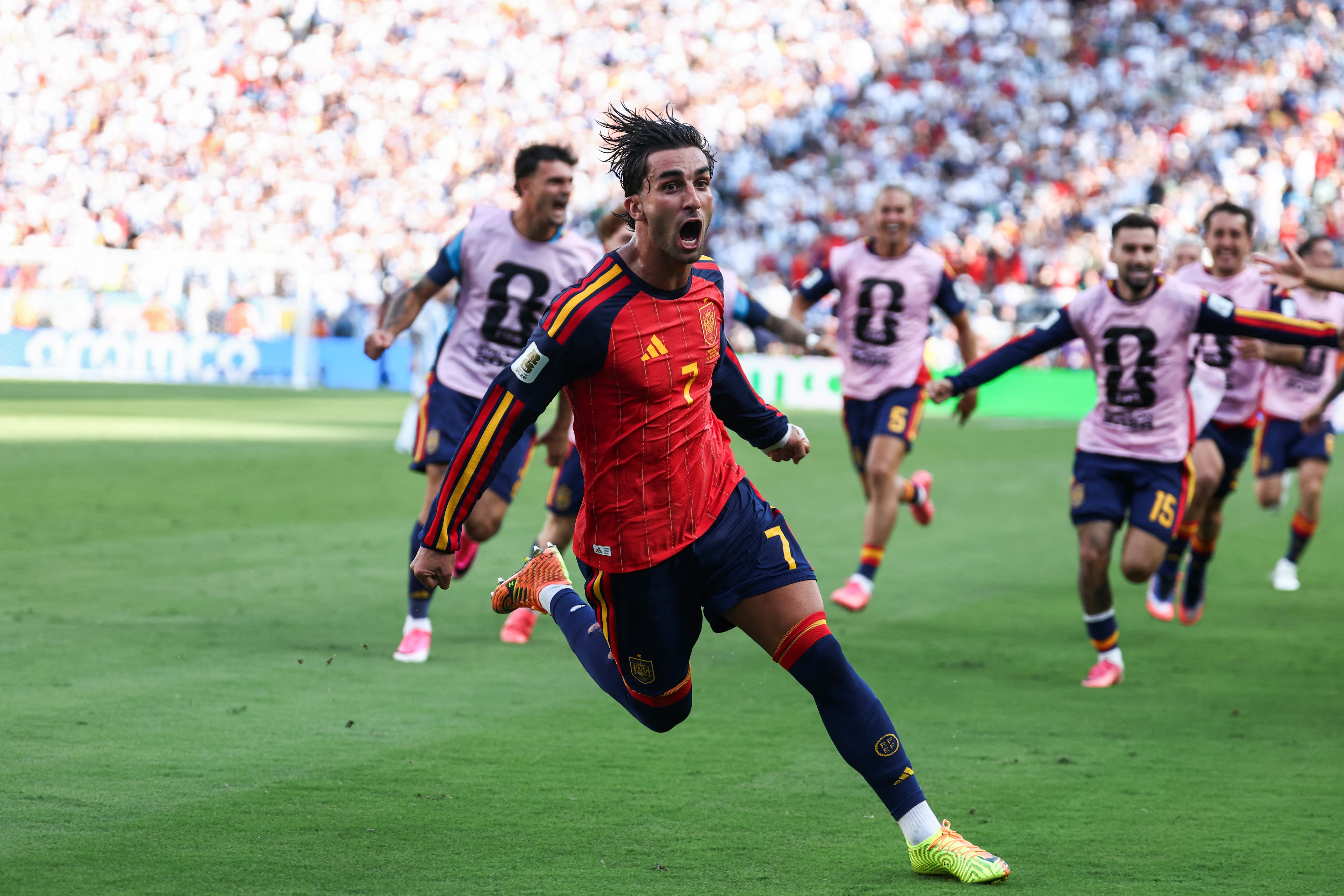 Spain's forward #07 Ferran Torres celebrates scoring his team's first goal during the 2026 World Cup football tournament final match between Spain and Argentina at the New York/New Jersey Stadium in East Rutherford on July 19, 2026. (Photo by FRANCK FIFE / AFP)