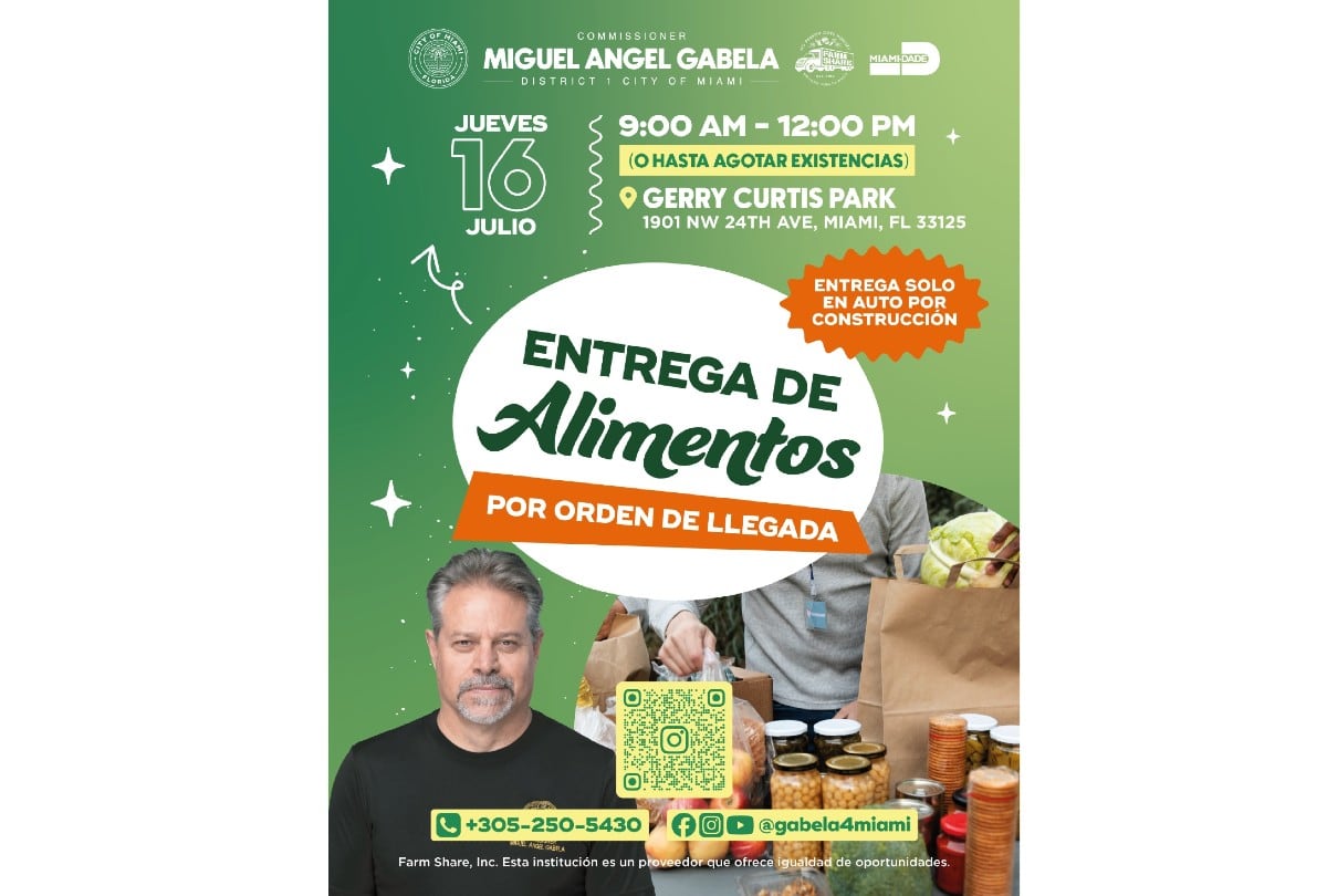 Flyer oficial con información sobre la entrega de alimentos gratis en Florida, incluyendo puntos de distribución y horarios de atención. | Crédito: Farm Share